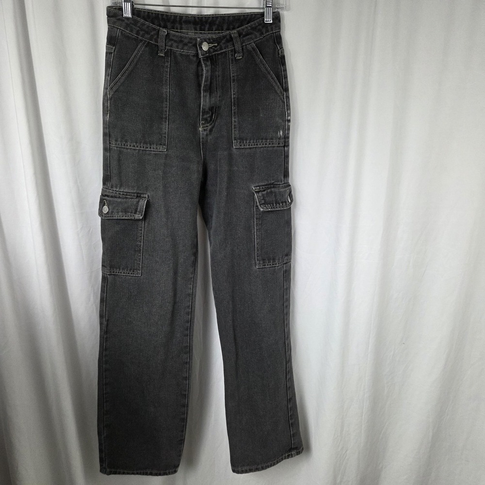 SheIn Jeans Womens 30 Gray Charcoal Wash High Rise Straight Cargo Pockets Denim